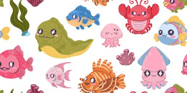 Seamless sea pattern. Cute kawaii flat illustrations of sea creatures and fish. Perfect for children's projects, wallpaper, and fabric prints