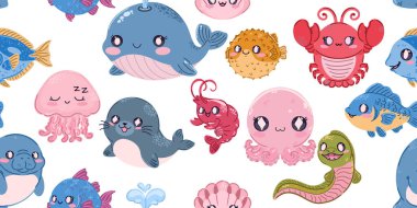Seamless sea pattern. Cute kawaii flat illustrations of sea creatures and fish. Perfect for children's projects, wallpaper, and fabric prints