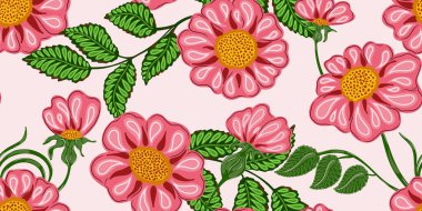 Çiçekli halk sanatı kusursuz desen. Botanik stili el yapımı doğa motifleri, halk motifleri. Renkli gül kalçalar, düz stil. Kumaş baskısı, duvar kağıdı ve yüzey