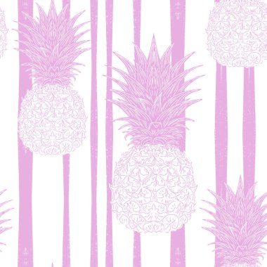 Çizgili arka planda elle çizilmiş ananas desenli kusursuz klasik model. Tropikal ve Akdeniz estetiği, tekstil, ambalaj, duvar kağıdı ve iç tasarım için idealdir.