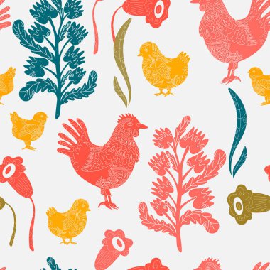 Dokulu hayvanlar ve bitkilerle kusursuz desen. Bahar süsü, Paskalya ruhu, bahar ve tatiller. Country tarzı, halk sanatı