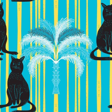Avuçlar ve kediler. Egzotik, tropik, pürüzsüz desen. Eskiz ögeleri ile modern retro biçimi.
