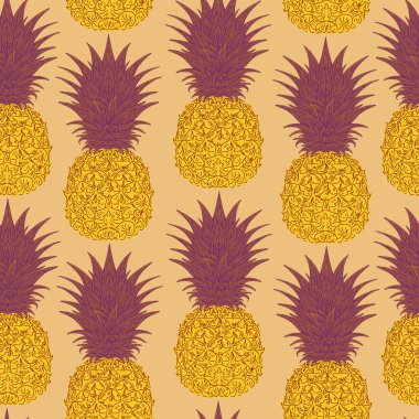 Klasik eskiz tarzında kusursuz el yapımı ananas deseni. Tropikal ve Akdeniz atmosferi. Tekstil, duvar kağıdı, ambalaj, ev dekorasyonu ve yüzey tasarımı için mükemmel..