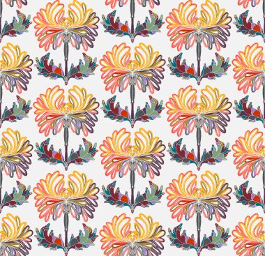 Kusursuz desenli, stilize çiçekler ve folklorik sanat tarzında yapraklar. Geleneksel motiflerden esinlenilmiş klasik botanik baskı. Çağdaş linocut esinlenilmiş süs tasarımı