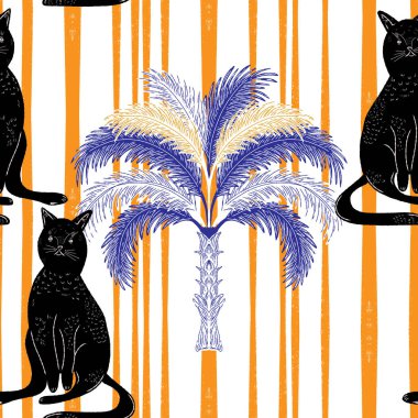 Avuçlar ve kediler. Egzotik, tropik, pürüzsüz desen. Eskiz ögeleri ile modern retro biçimi.