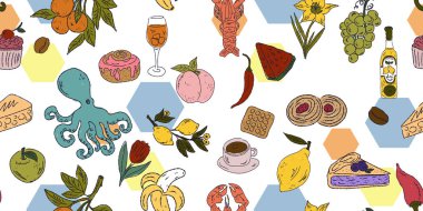 Gıda ve içecekten oluşan canlı ve pürüzsüz bir kalıp: tatlılar, meyveler, deniz ürünleri, fırınlanmış yiyecekler ve içecekler, hepsi baştan savma bir tarzda çizilmiş. Eğlenceli, eğlenceli ve ambalaj ve tekstil için mükemmel.