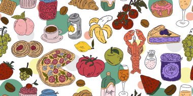 Gıda ve içecekten oluşan canlı ve pürüzsüz bir kalıp: tatlılar, meyveler, deniz ürünleri, fırınlanmış yiyecekler ve içecekler, hepsi baştan savma bir tarzda çizilmiş. Eğlenceli, eğlenceli ve ambalaj ve tekstil için mükemmel.