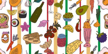 Gıda ve içecekten oluşan canlı ve pürüzsüz bir kalıp: tatlılar, meyveler, deniz ürünleri, fırınlanmış yiyecekler ve içecekler, hepsi baştan savma bir tarzda çizilmiş. Eğlenceli, eğlenceli ve ambalaj ve tekstil için mükemmel.