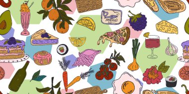 Gıda ve içecekten oluşan canlı ve pürüzsüz bir kalıp: tatlılar, meyveler, deniz ürünleri, fırınlanmış yiyecekler ve içecekler, hepsi baştan savma bir tarzda çizilmiş. Eğlenceli, eğlenceli ve ambalaj ve tekstil için mükemmel.