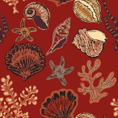 Elle boyanmış deniz kabukları ve dışavurumcu tarzıyla kusursuz deniz yıldızı deseni, dokulu çizgiler ve yaz tasarımları ve kumaşları için sanatsal kıyı atmosferi..