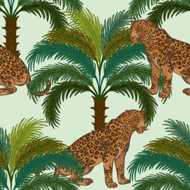 Palmiye ağaçlarının altındaki jaguar. Kusursuz desen. Bu klasik illüstrasyon, düzgün hatları ve parlak, desenli fırça darbeleriyle baştan savma bir tarzda çizilmiş..