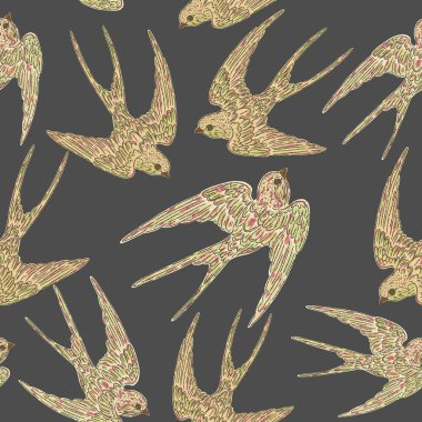 Uçan kırlangıçlar, el çizimi tarzı. Kusursuz desen, duvar kağıdı, kumaş baskı, ambalaj ve kağıt. Doğa motifleri