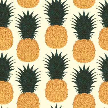 Klasik eskiz tarzında kusursuz el yapımı ananas deseni. Tropikal ve Akdeniz atmosferi. Tekstil, duvar kağıdı, ambalaj, ev dekorasyonu ve yüzey tasarımı için mükemmel..