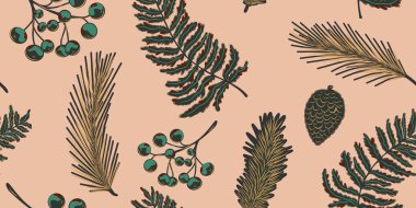 Dikensiz bitki deseni. Botanik stili el yapımı doğa motifleri, bitkiler. Kumaş baskısı, duvar kağıdı ve yüzey