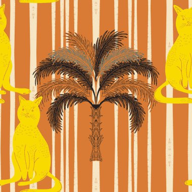 Avuçlar ve kediler. Egzotik, tropik, pürüzsüz desen. Eskiz ögeleri ile modern retro biçimi.