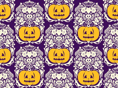 Balkabakları, yarasaları, çiçekli süslemeleri ve tuhaf halk sanatı tarzında ürkütücü dekoratif unsurları olan kusursuz bir Cadılar Bayramı deseni. Mevsimlik tekstil, ambalaj ve tatil tasarımı için mükemmel.