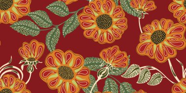 Çiçekli halk sanatı kusursuz desen. Botanik stili el yapımı doğa motifleri, halk motifleri. Renkli gül kalçalar, düz stil. Kumaş baskısı, duvar kağıdı ve yüzey