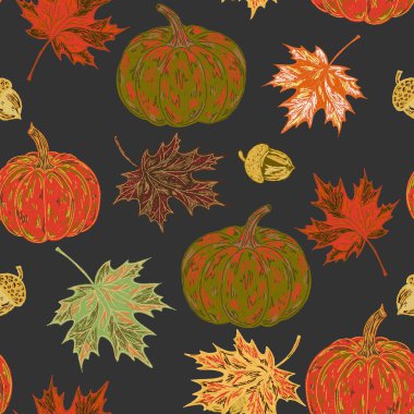 Balkabakları kusursuz desen, deniz motifleri. Çizim stili elementlerle el çizimi, sonbahar deseni. Masal için duvar kağıdı, arkaplan, yazdırma