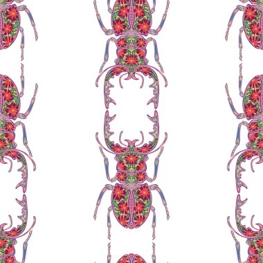 Folk sanatının çiçek desenleriyle süslenmiş stilize böcekler. Zarif böcekler. Kusursuz sonsuz desen.