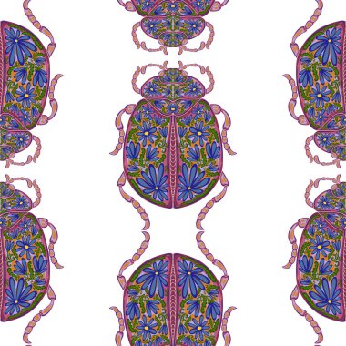 Folk sanatının çiçek desenleriyle süslenmiş stilize böcekler. Zarif böcekler. Kusursuz sonsuz desen.