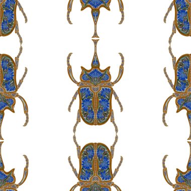 Folk sanatının çiçek desenleriyle süslenmiş stilize böcekler. Zarif böcekler. Kusursuz sonsuz desen.