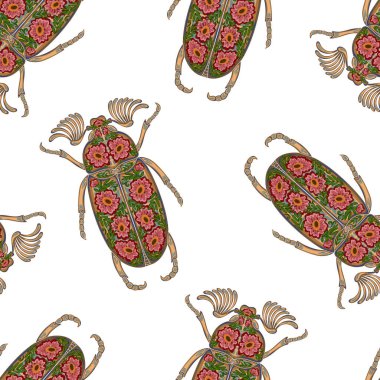 Folk sanatının çiçek desenleriyle süslenmiş stilize böcekler. Zarif böcekler. Kusursuz sonsuz desen.