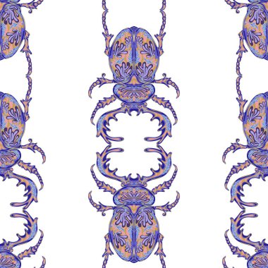 Folk sanatının çiçek desenleriyle süslenmiş stilize böcekler. Zarif böcekler. Kusursuz sonsuz desen.