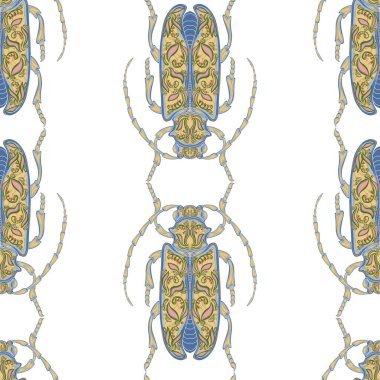 Folk sanatının çiçek desenleriyle süslenmiş stilize böcekler. Zarif böcekler. Kusursuz sonsuz desen.