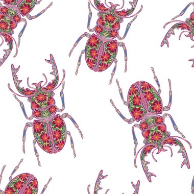 Folk sanatının çiçek desenleriyle süslenmiş stilize böcekler. Zarif böcekler. Kusursuz sonsuz desen.