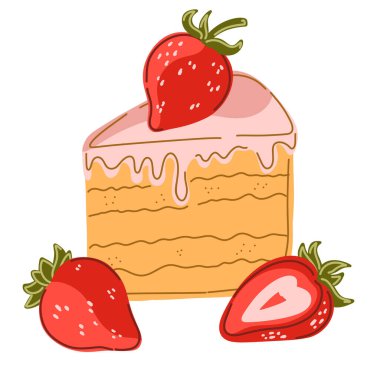 Bir dilim çilekli pasta. Bir dizi klasik el yapımı illüstrasyon. Samimi Akdeniz çizgi filmi tarzı. Ayrı elementler, paket.