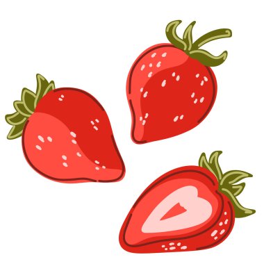 Çilek. Bir dizi klasik el yapımı illüstrasyon. Samimi Akdeniz çizgi film tarzı. Ayrı elementler, paket.