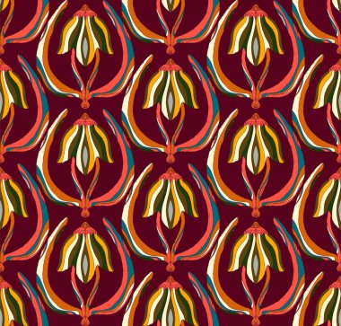 Dekoratif çiçekler ve folklorik sanat tarzında yapraklarla kusursuz çiçek deseni. Geleneksel motiflerden esinlenilmiş klasik süsleme baskısı. Tekstil, duvar kâğıtları ve kırtasiye malzemeleri için mükemmel..