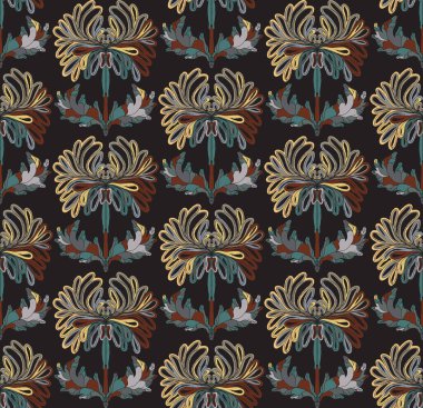 Kusursuz desenli, stilize çiçekler ve folklorik sanat tarzında yapraklar. Geleneksel motiflerden esinlenilmiş klasik botanik baskı. Çağdaş linocut esinlenilmiş süs tasarımı