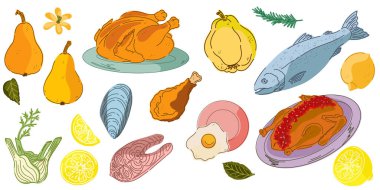 Yiyecek ürünlerinin yer aldığı bir dizi el yapımı illüstrasyon. Samimi Akdeniz çizgi film tarzı. Ayrı elementler, paket