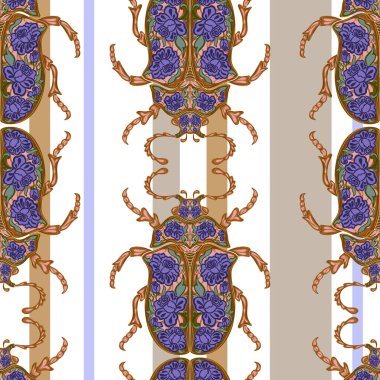 Folk sanatının çiçek desenleriyle süslenmiş stilize böcekler. Çizgili bir arka planda. Zarif böcekler. Kusursuz sonsuz desen.