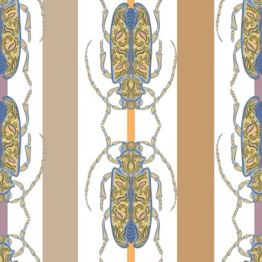 Folk sanatının çiçek desenleriyle süslenmiş stilize böcekler. Çizgili bir arka planda. Zarif böcekler. Kusursuz sonsuz desen.