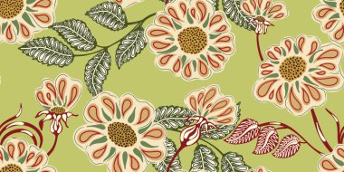 Çiçekli halk sanatı kusursuz desen. Botanik stili el yapımı doğa motifleri, halk motifleri. Renkli gül kalçalar, düz stil. Kumaş baskısı, duvar kağıdı ve yüzey