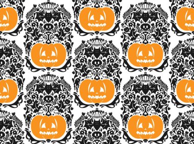 Balkabakları, yarasaları, çiçekli süslemeleri ve tuhaf halk sanatı tarzında ürkütücü dekoratif unsurları olan kusursuz bir Cadılar Bayramı deseni. Mevsimlik tekstil, ambalaj ve tatil tasarımı için mükemmel.