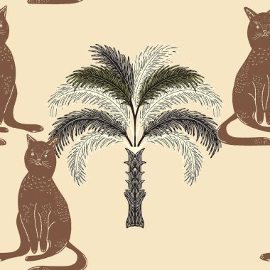 Avuçlar ve kediler. Egzotik, tropik, pürüzsüz desen. Eskiz ögeleri ile modern retro biçimi.