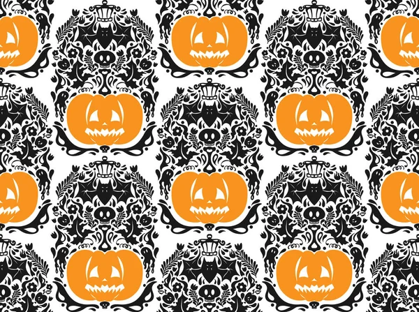 Balkabakları, yarasaları, çiçekli süslemeleri ve tuhaf halk sanatı tarzında ürkütücü dekoratif unsurları olan kusursuz bir Cadılar Bayramı deseni. Mevsimlik tekstil, ambalaj ve tatil tasarımı için mükemmel.