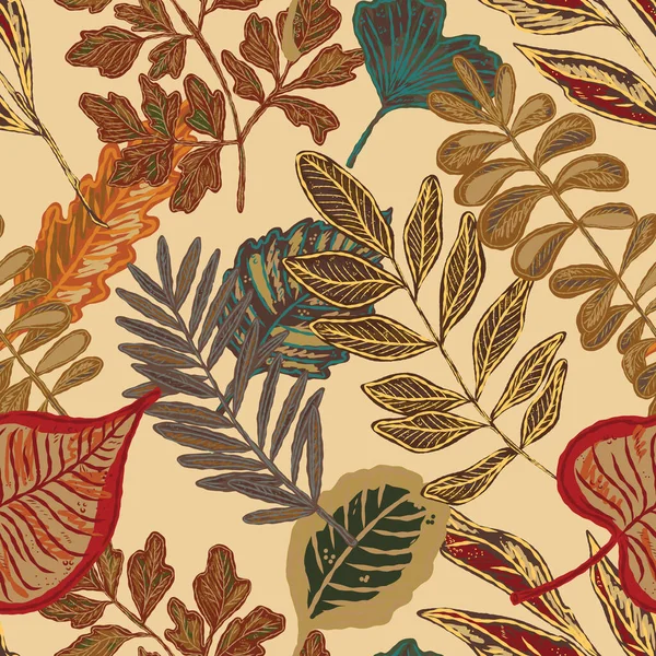 Parlak sonbahar yapraklarıyla kusursuz bir desen. Sevimli tuhaf el çizimi sonbahar yaprakları. Orman doğası. Vektör botanik tasarımı, duvar kağıdı, baskı, ambalaj kağıdı.