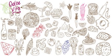 Dolce Vita el çizimi, desenli, sıradan çizgiler. Ürün resimleme seti