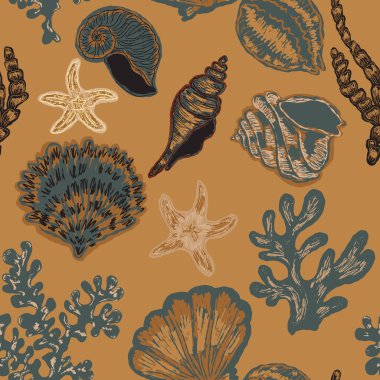 Elle boyanmış deniz kabukları ve dışavurumcu tarzıyla kusursuz deniz yıldızı deseni, dokulu çizgiler ve yaz tasarımları ve kumaşları için sanatsal kıyı atmosferi..