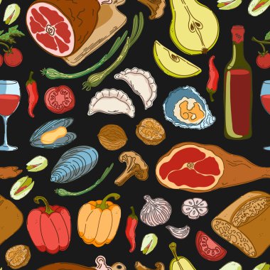 Kusursuz desen, kumaş örneği, özgeçmiş. Çeşitli el yapımı yemek illüstrasyonları. Konforlu Akdeniz çizgi film tarzı.