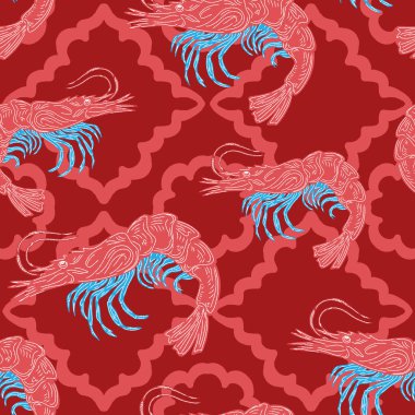 Karides pürüzsüz desen, deniz motifleri. El çizimi, eskiz stili elementler, Japon tarzı. Kumaş için duvar kağıdı, arkaplan, yazdırma