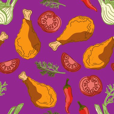 Kusursuz desen, kumaş örneği, özgeçmiş. Çeşitli el yapımı yemek illüstrasyonları. Konforlu Akdeniz çizgi film tarzı.