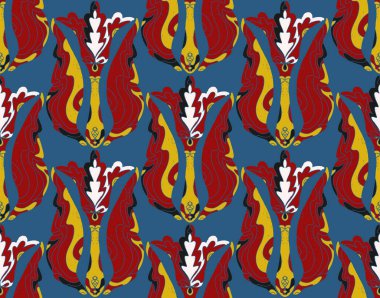 Dekoratif çiçekler ve folklorik sanat tarzında yapraklarla kusursuz çiçek deseni. Geleneksel motiflerden esinlenilmiş klasik süsleme baskısı. Tekstil, duvar kâğıtları ve kırtasiye malzemeleri için mükemmel..