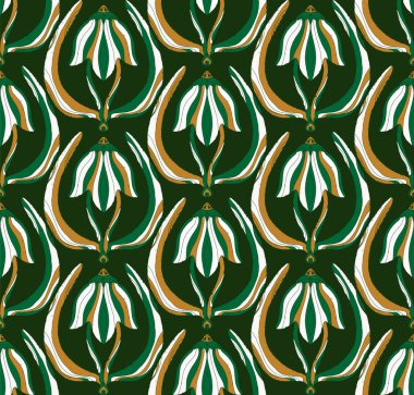 Dekoratif çiçekler ve folklorik sanat tarzında yapraklarla kusursuz çiçek deseni. Geleneksel motiflerden esinlenilmiş klasik süsleme baskısı. Tekstil, duvar kâğıtları ve kırtasiye malzemeleri için mükemmel..