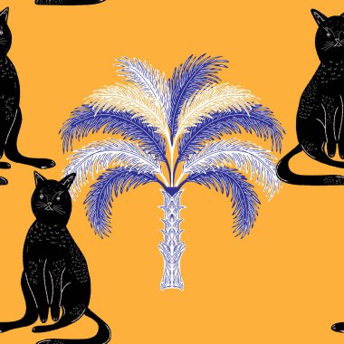 Avuçlar ve kediler. Egzotik, tropik, pürüzsüz desen. Eskiz ögeleri ile modern retro biçimi.