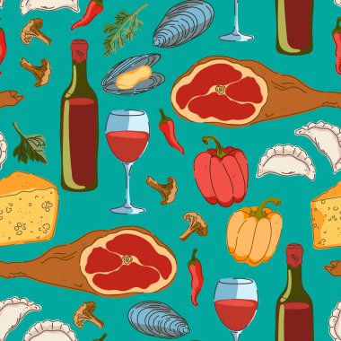 Kusursuz desen, kumaş örneği, özgeçmiş. Çeşitli el yapımı yemek illüstrasyonları. Konforlu Akdeniz çizgi film tarzı.